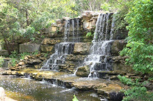 A serene waterfall cascading over rocks into a calm pool, surrounded by lush greenery.