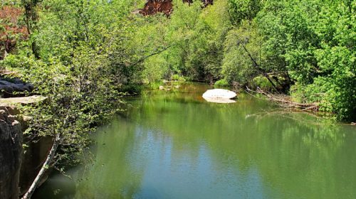 A serene river surrounded by lush green trees and a large rock, reflecting the vibrant landscape.