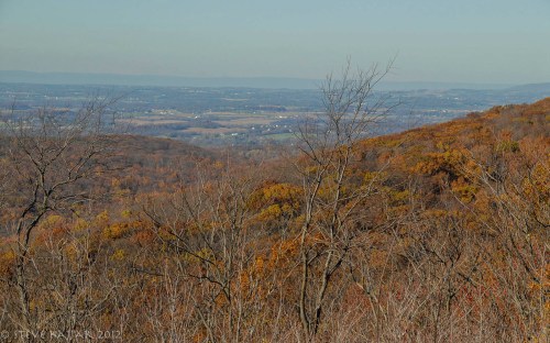 A panoramic view of rolling hills and valleys, with autumn foliage and a clear sky in the background.
