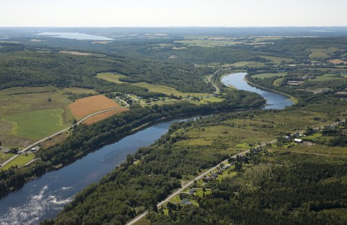 Aerial view of a winding river surrounded by lush greenery and farmland under a clear blue sky.