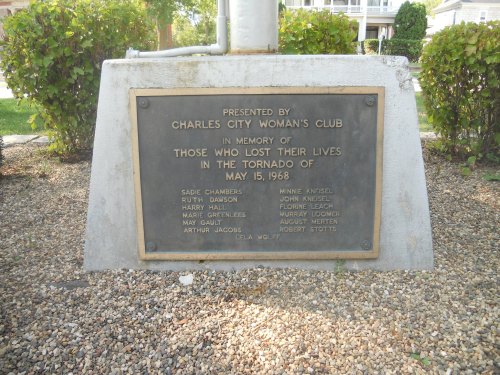 Plaque honoring victims of the May 15, 1968 tornado, presented by the Charles City Woman's Club.