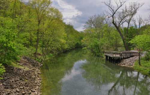 A serene river surrounded by lush green trees, with a wooden deck overlooking the water under a cloudy sky.