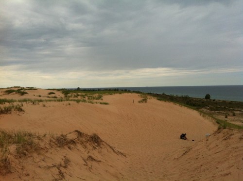 A sandy dune landscape under a cloudy sky, with a person sitting near the shore of a lake in the distance.