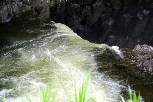 A rushing river flows over rocks, surrounded by dark cliffs and green grass at the water's edge.