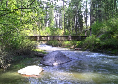 A serene river flows through a lush forest, with a wooden bridge crossing over it and large rocks in the water.