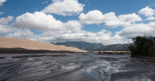 A serene landscape featuring a river, sandy dunes, and mountains under a partly cloudy sky.