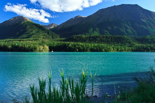 A serene lake surrounded by lush green mountains under a blue sky with scattered clouds.