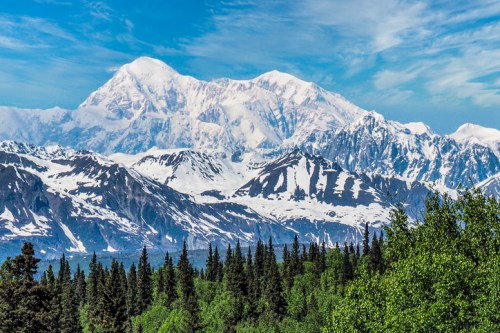 A stunning view of snow-capped mountains under a blue sky, surrounded by lush green forests.