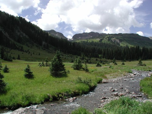 A serene landscape featuring a flowing stream, lush green meadows, and mountains under a partly cloudy sky.