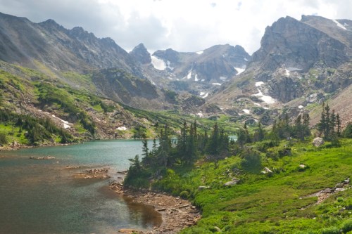 A serene mountain landscape featuring a lake, lush greenery, and rocky peaks under a partly cloudy sky.