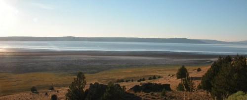 A serene landscape featuring a calm lake, distant hills, and a foreground of grass and trees under a clear sky.