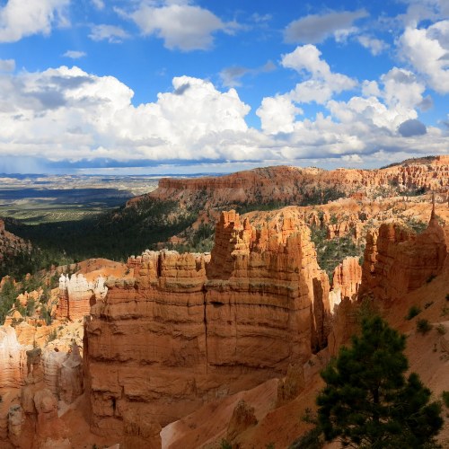 A scenic view of Bryce Canyon, featuring orange rock formations and a cloudy blue sky. Lush greenery in the foreground.