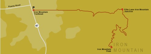 Map showing the Iron Mountain Trailhead, route to Iron Mountain Peak, and junction with Elle Lane-Iron Mountain.