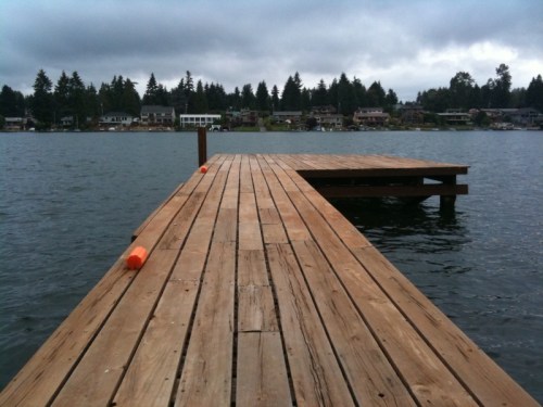 A wooden dock extends over a calm lake, with cloudy skies and houses visible in the background.