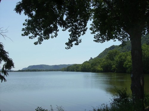 A serene lake surrounded by lush greenery and distant hills under a clear blue sky.