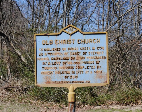 Sign for Old Christ Church, established in 1770, detailing its history and construction by Robert Holston.