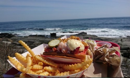 A lobster roll with pickles and fries sits on a tray by the ocean, with waves crashing on the rocks in the background.