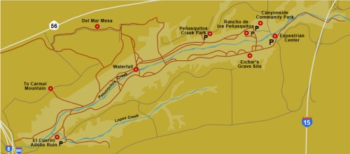 Map showing parks, trails, and landmarks in the area, including El Cariso Adobe Ruin and Equestrian Center.
