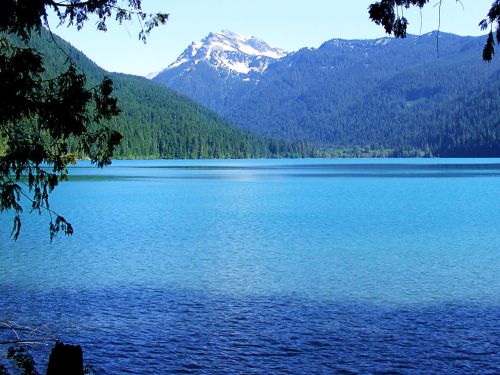 A serene lake surrounded by lush green mountains and a snow-capped peak under a clear blue sky.