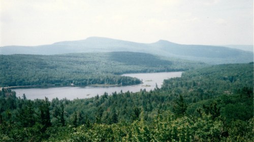 A scenic view of a river winding through lush green forests and mountains under a hazy sky.