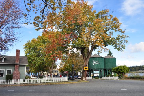 A scenic view of a small town with colorful autumn trees, a green building, and a white picket fence by a lake.