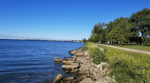 A serene lakeside view with clear blue water, rocky shore, and lush greenery along the path under a bright blue sky.