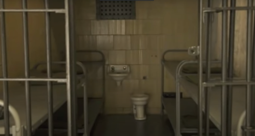 Empty prison cell with two metal beds and a toilet, featuring barred doors and a plain, tiled wall.
