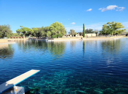 A serene lake surrounded by trees and a diving board, reflecting a clear blue sky.
