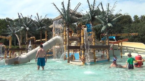A water park scene with kids playing in a pool, a large slide, and palm trees in the background.