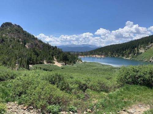 A serene landscape featuring a lake surrounded by lush greenery and mountains under a blue sky with fluffy clouds.