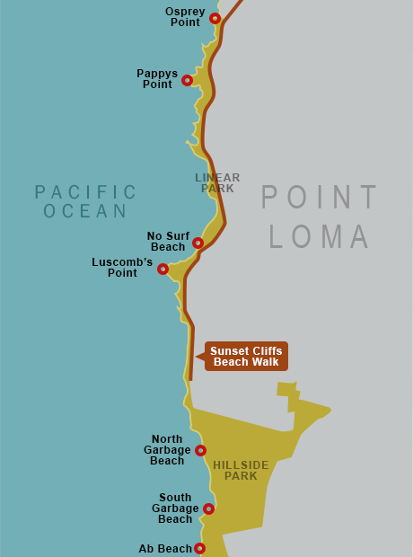 Map of the Sunset Cliffs Beach Walk in Point Loma, highlighting various points and parks along the coastline.