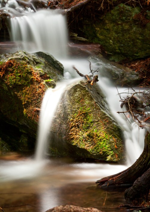 A serene waterfall cascades over moss-covered rocks in a tranquil forest setting.