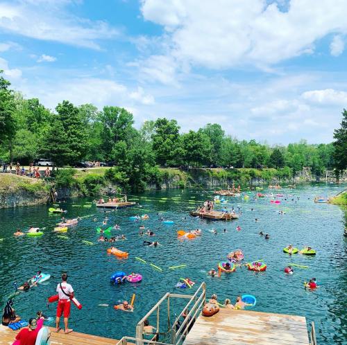 A vibrant swimming area with people on floats, surrounded by trees and a clear blue sky. Families enjoy a sunny day.