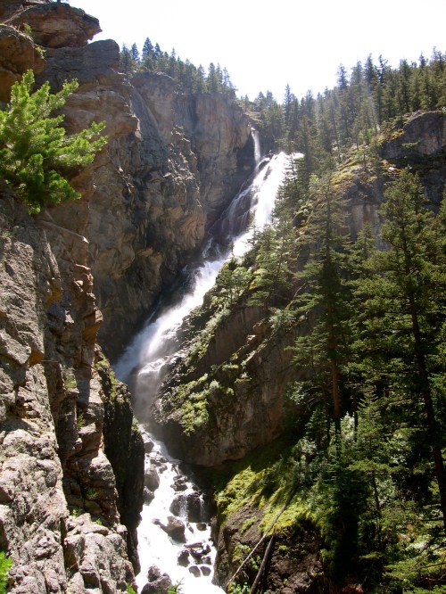 A stunning waterfall cascades down rocky cliffs, surrounded by lush green trees and sunlight filtering through the forest.
