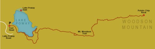 Map of Lake Poway and Woodson Mountain, highlighting trails, Lake Poway Dam, and Potato Chip Rock.