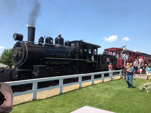 A vintage steam train with black engine number 4, passing by a crowd on a sunny day, with green grass and blue sky.