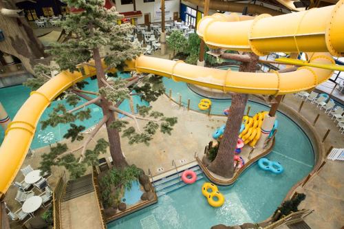 Aerial view of a water park featuring yellow slides, a pool, and colorful inflatable tubes among trees.