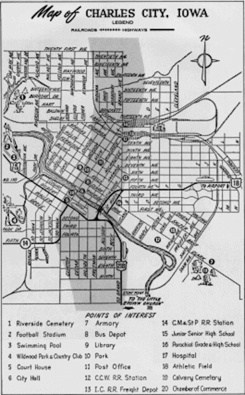 Map of Charles City, Iowa, showing streets, landmarks, and points of interest like parks, schools, and the library.