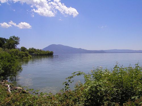 A serene lake scene with calm water, green foliage, and distant mountains under a clear blue sky with a few clouds.