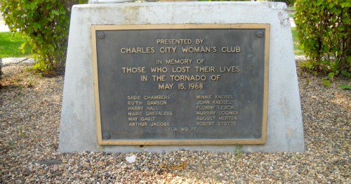 Plaque honoring victims of the May 15, 1968 tornado, presented by the Charles City Woman's Club.