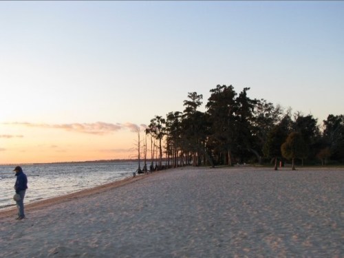A person walks along a sandy beach at sunset, with trees lining the shore and calm water in the background.