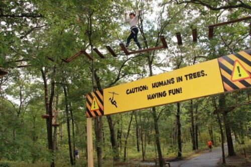 A person balances on a rope course above a sign that reads "Caution: Humans in Trees. Having Fun!" in a wooded area.
