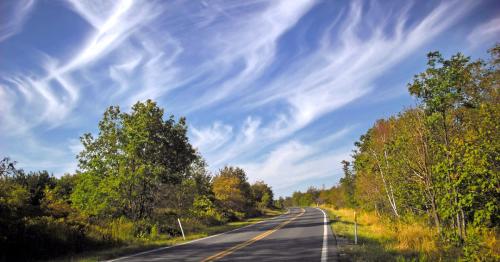 A winding road surrounded by trees under a blue sky with wispy clouds.