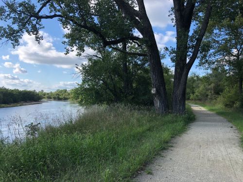 A serene path beside a river, lined with trees and lush greenery under a blue sky with fluffy clouds.