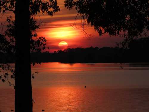 A serene sunset over a calm lake, with vibrant orange and red hues reflecting on the water's surface.