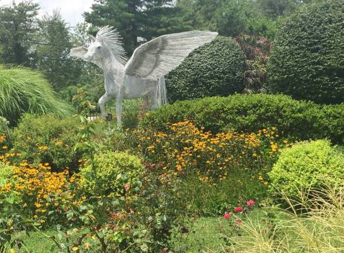 A silver pegasus statue with wings stands amidst colorful flowers and lush greenery in a garden setting.