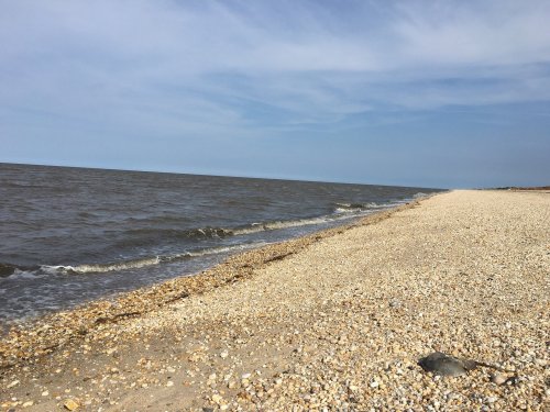 A sandy beach with pebbles, gentle waves lapping at the shore under a clear blue sky.
