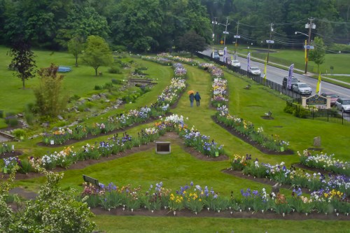 Two people walk through a winding garden path lined with colorful flowers, with a road and trees in the background.