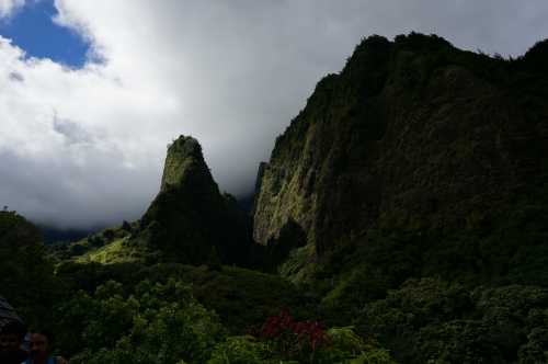 Lush green mountains under a cloudy sky, with dramatic peaks and a vibrant foreground of trees.