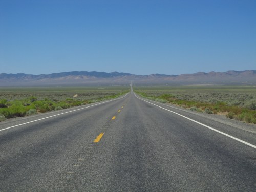 A long, straight road stretches into the distance, flanked by green shrubs and mountains under a clear blue sky.